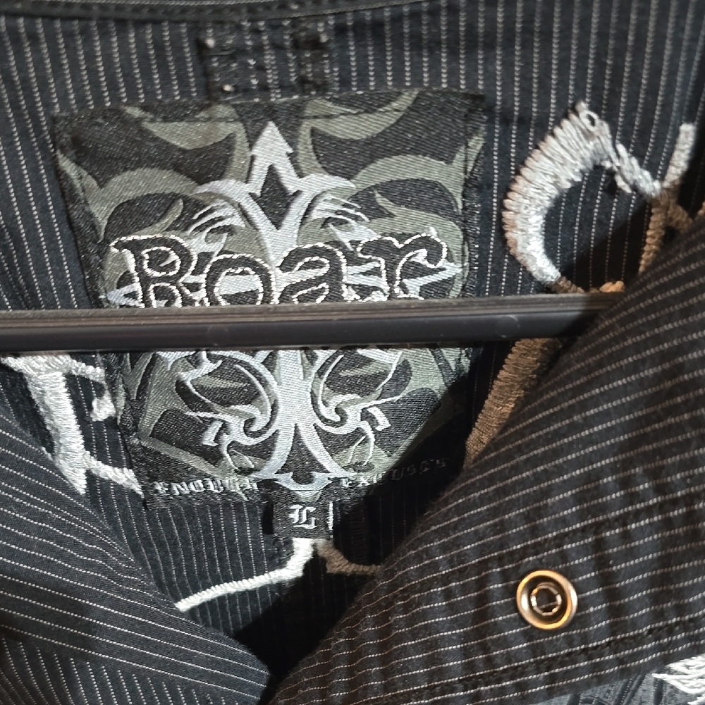 LG Black Casual Button Down Shirt with White Embroidery - Picture 2 of 4